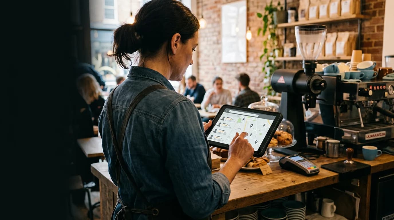 Cafe owner reviewing the day at the counter on a tablet next to the espresso bar.