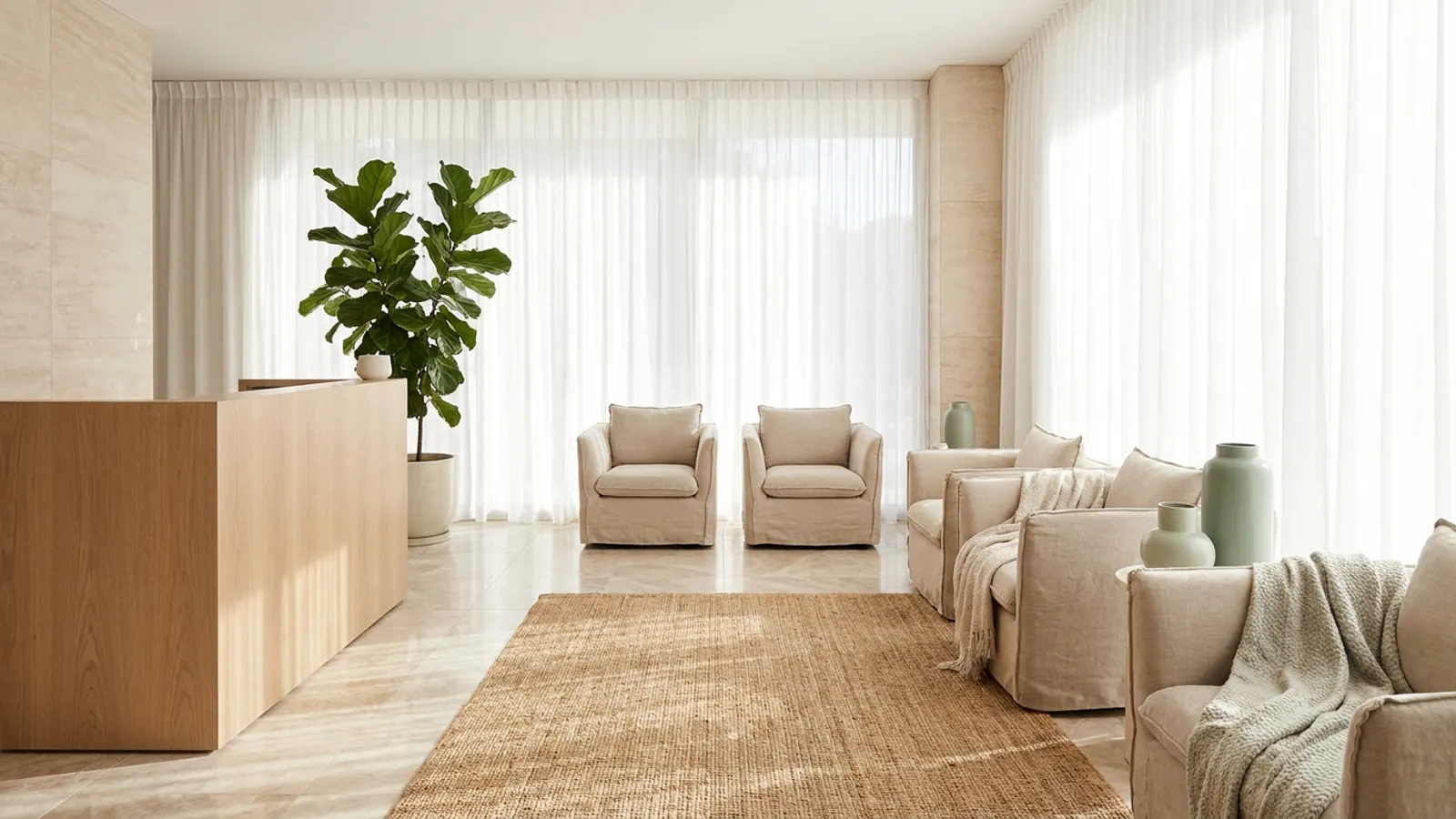 Calm, upscale med spa reception with soft natural light and greenery