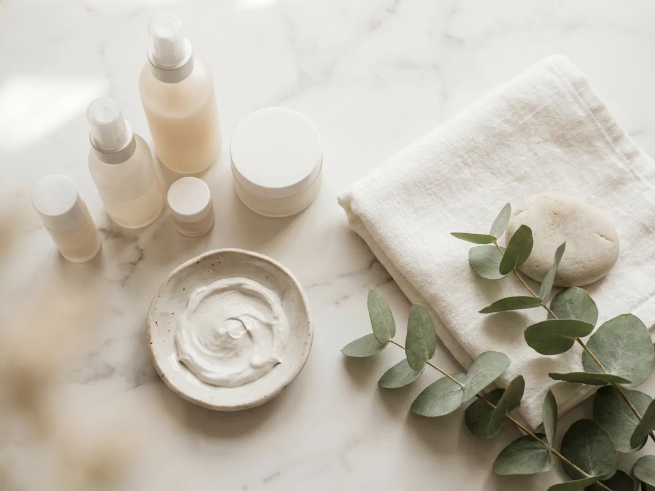 Premium unbranded skincare products and eucalyptus on marble