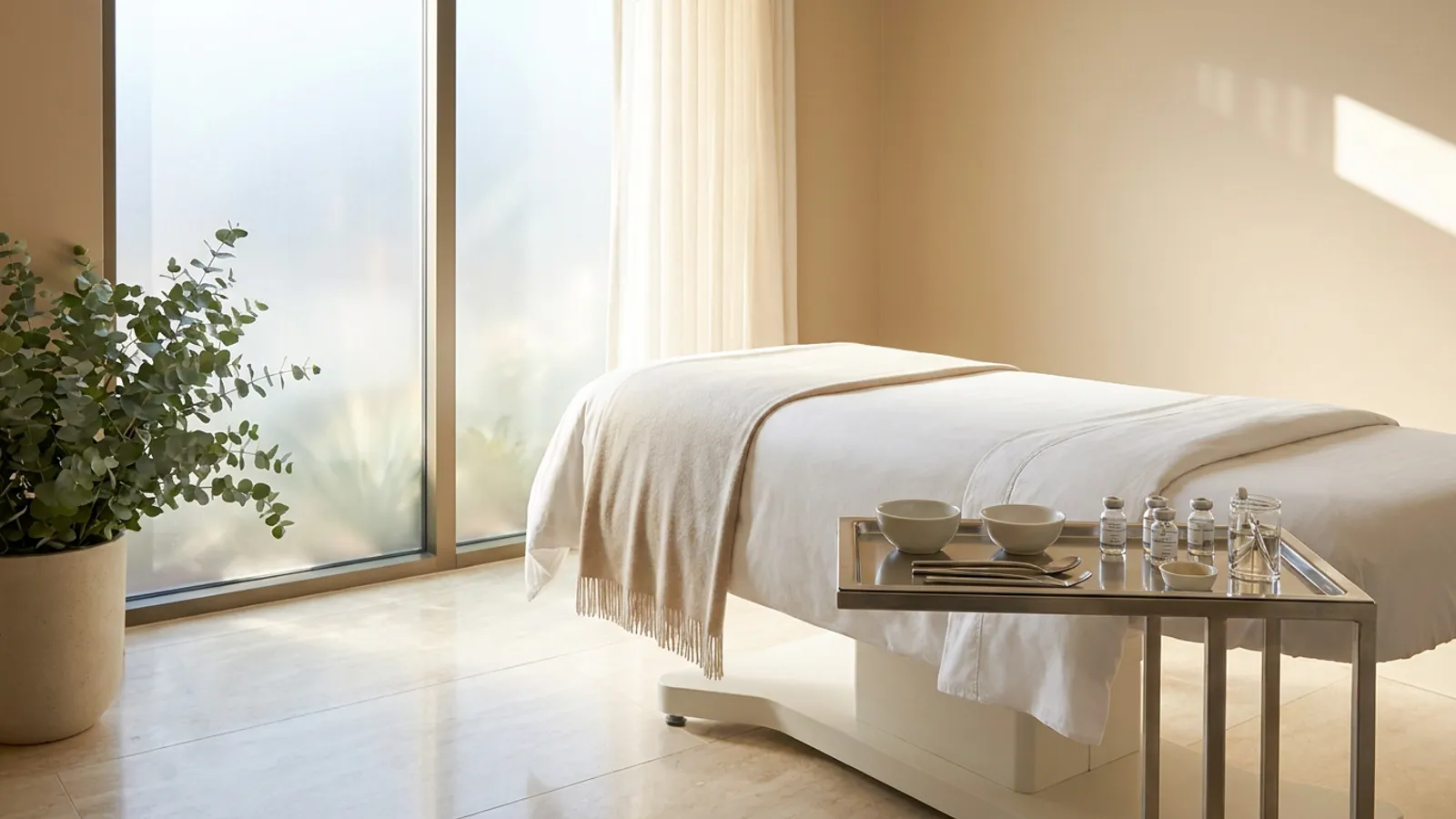 A serene med spa treatment room in warm afternoon light