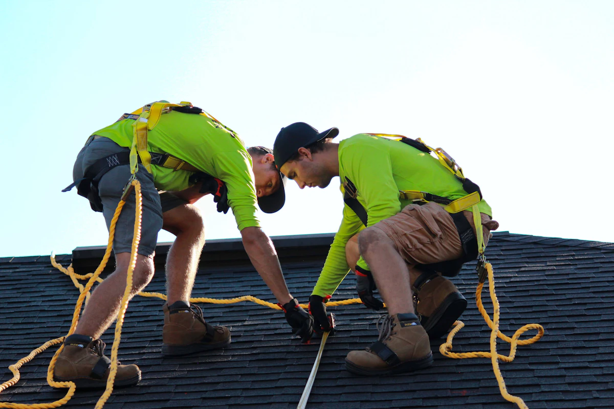 Roofers working side by side across a residential roof face